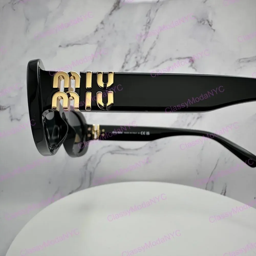 New MIU MIU Sunglasses Black Acetate Oval Gold Metal Logo Authentic Italy